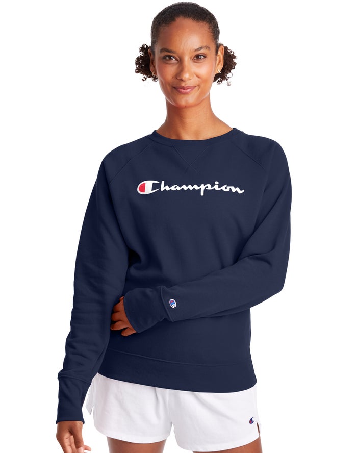 Champion Dame Sweatshirt Mørkeblå - Powerblend Fleece Classic Crew Script Logo - Danmark BJZ-638254